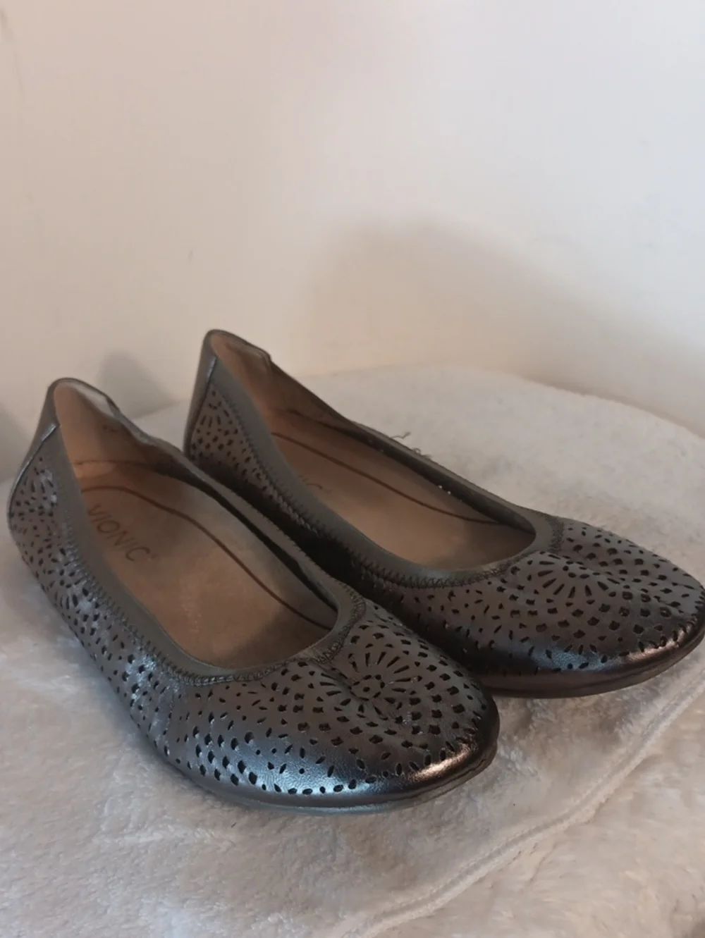 Vionic Metallic Silver Perforated Ballet Flats - Women's